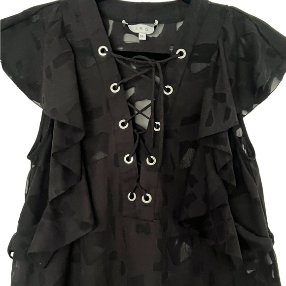 IRO GILKA BURNOUT LACE UP SHEER RUFFLE V-NECK BLOUSE BLACK SIZE 34/XS - Picture 5 of 7